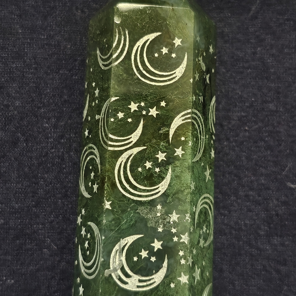 Green Moss Agate Crystal Tower with Moon and Star Engravings